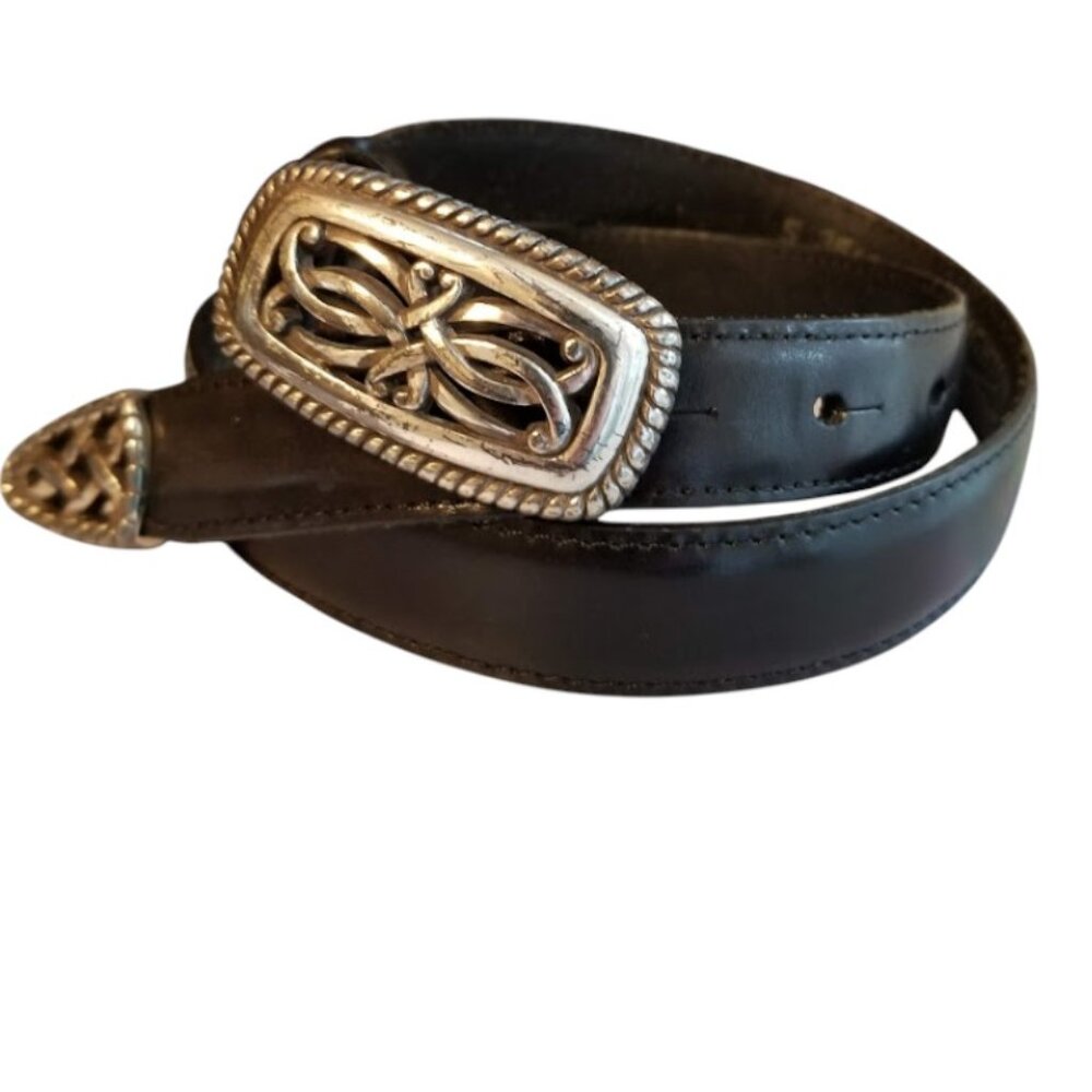 Brighton Black Leather Belt Cabona's Size Small, Silver Patina Buckle, Vintage